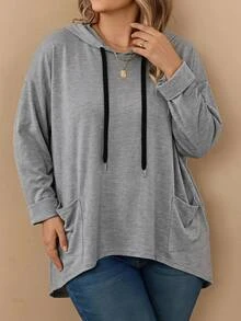 Rosumi Plus Size Women Solid Color Drawstring Hooded Casual Soft Form Traditional Daily Vacation Formal T-Shirt Kelly Green Autumn Fall Formal Beach Vacation - Grey - View 4