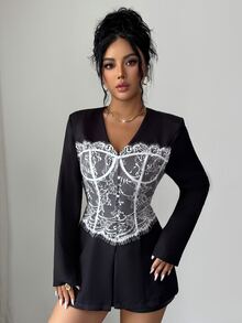 Elenzga 女款黑白西裝外套，商務蕾絲優雅風，通勤上班、辦公室、晚宴派對穿搭，夏季外套 - 黑色 - 查看 8