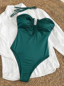 SHEIN Swim Bonvoyette Women's Elegant Retro Shiny Satin One-Piece Swimsuit,Strapless Deep V Ruched Brazilian Green,Summer,Cute,Holiday,Vacation,Holiday Poolside - Dark Green - View 6