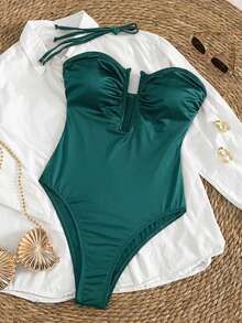SHEIN Swim Bonvoyette Women's Elegant Retro Shiny Satin One-Piece Swimsuit,Strapless Deep V Ruched Brazilian Green,Summer,Cute,Holiday,Vacation,Holiday Poolside - Dark Green - View 4