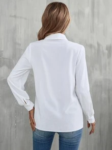 SHEIN 荷叶边饰纽扣衬衫，长袖上衣 - 白色 - 查看 2