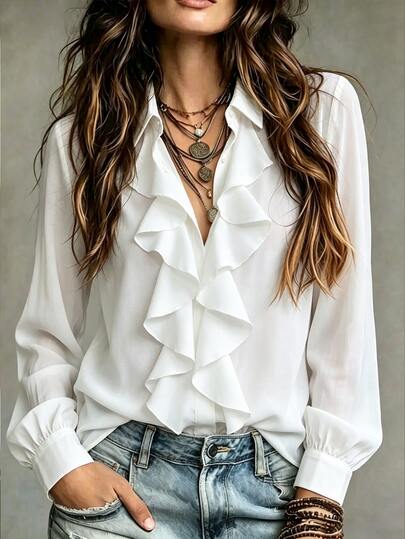 SHEIN Ruffle Trim Button Up Shirt,Long Sleeve Tops Fall Cloth For Women