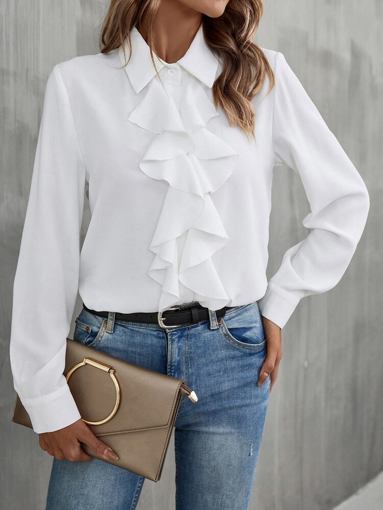 SHEIN Ruffle Trim Button Up Shirt,Long Sleeve Tops Fall Cloth For Women - White - View 4