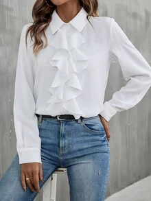 SHEIN 荷叶边饰纽扣衬衫，长袖上衣 - 白色 - 查看 3