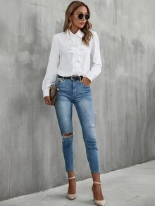 SHEIN 荷叶边饰纽扣衬衫，长袖上衣 - 白色 - 查看 7