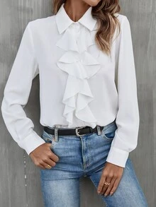 SHEIN 荷叶边饰纽扣衬衫，长袖上衣 - 白色 - 查看 6
