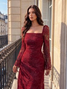 Poshira Gaun Formal Elegan Berenda dengan Leher Persegi dan Lengan Bergelombang untuk Pernikahan, Makan Malam, Acara Malam, Warna Burgundy, Musim Dingin - Burgundy - View 4
