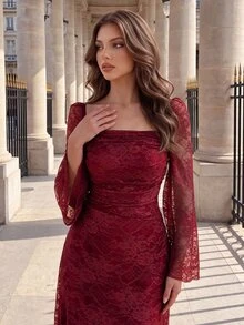 Poshira Gaun Formal Elegan Berenda dengan Leher Persegi dan Lengan Bergelombang untuk Pernikahan, Makan Malam, Acara Malam, Warna Burgundy, Musim Dingin - Burgundy - View 3