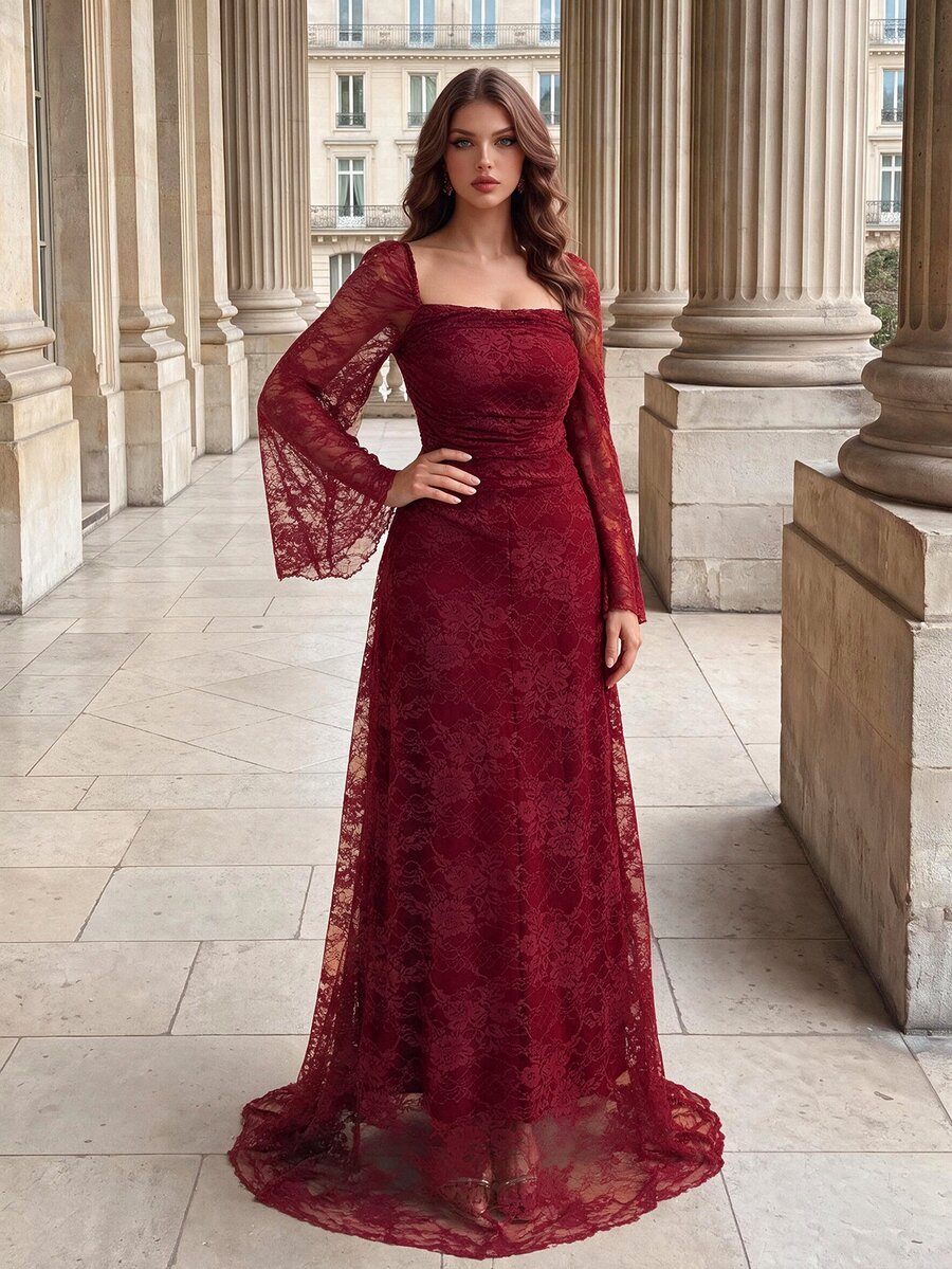 Poshira Gaun Formal Elegan Berenda dengan Leher Persegi dan Lengan Bergelombang untuk Pernikahan, Makan Malam, Acara Malam, Warna Burgundy, Musim Dingin - Burgundy - View 1