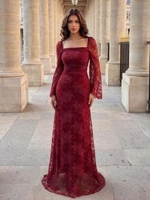 Poshira Gaun Formal Elegan Berenda dengan Leher Persegi dan Lengan Bergelombang untuk Pernikahan, Makan Malam, Acara Malam, Warna Burgundy, Musim Dingin - Burgundy - View 5