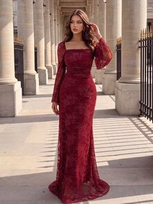 Poshira Gaun Formal Elegan Berenda dengan Leher Persegi dan Lengan Bergelombang untuk Pernikahan, Makan Malam, Acara Malam, Warna Burgundy, Musim Dingin - Burgundy - View 6
