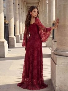 Poshira Gaun Formal Elegan Berenda dengan Leher Persegi dan Lengan Bergelombang untuk Pernikahan, Makan Malam, Acara Malam, Warna Burgundy, Musim Dingin - Burgundy - View 2