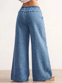 Bohemela Plus Size Women's Drawstring Waist Pocket Casual Traditional Normal Daily Wear Denim Jeans Brunch Formal Vacation Dates Light Blue Summer - Light Wash - View 5
