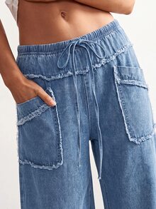 Bohemela Plus Size Women's Drawstring Waist Pocket Casual Traditional Normal Daily Wear Denim Jeans Brunch Formal Vacation Dates Light Blue Summer - Light Wash - View 7