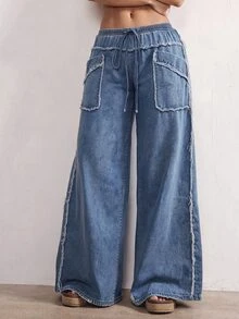 Bohemela Plus Size Women's Drawstring Waist Pocket Casual Traditional Normal Daily Wear Denim Jeans Brunch Formal Vacation Dates Light Blue Summer - Light Wash - View 4