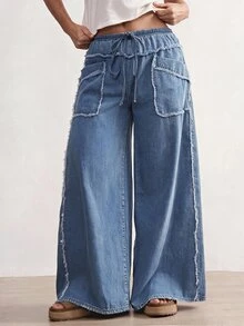 Bohemela Plus Size Women's Drawstring Waist Pocket Casual Traditional Normal Daily Wear Denim Jeans Brunch Formal Vacation Dates Light Blue Summer - Light Wash - View 2