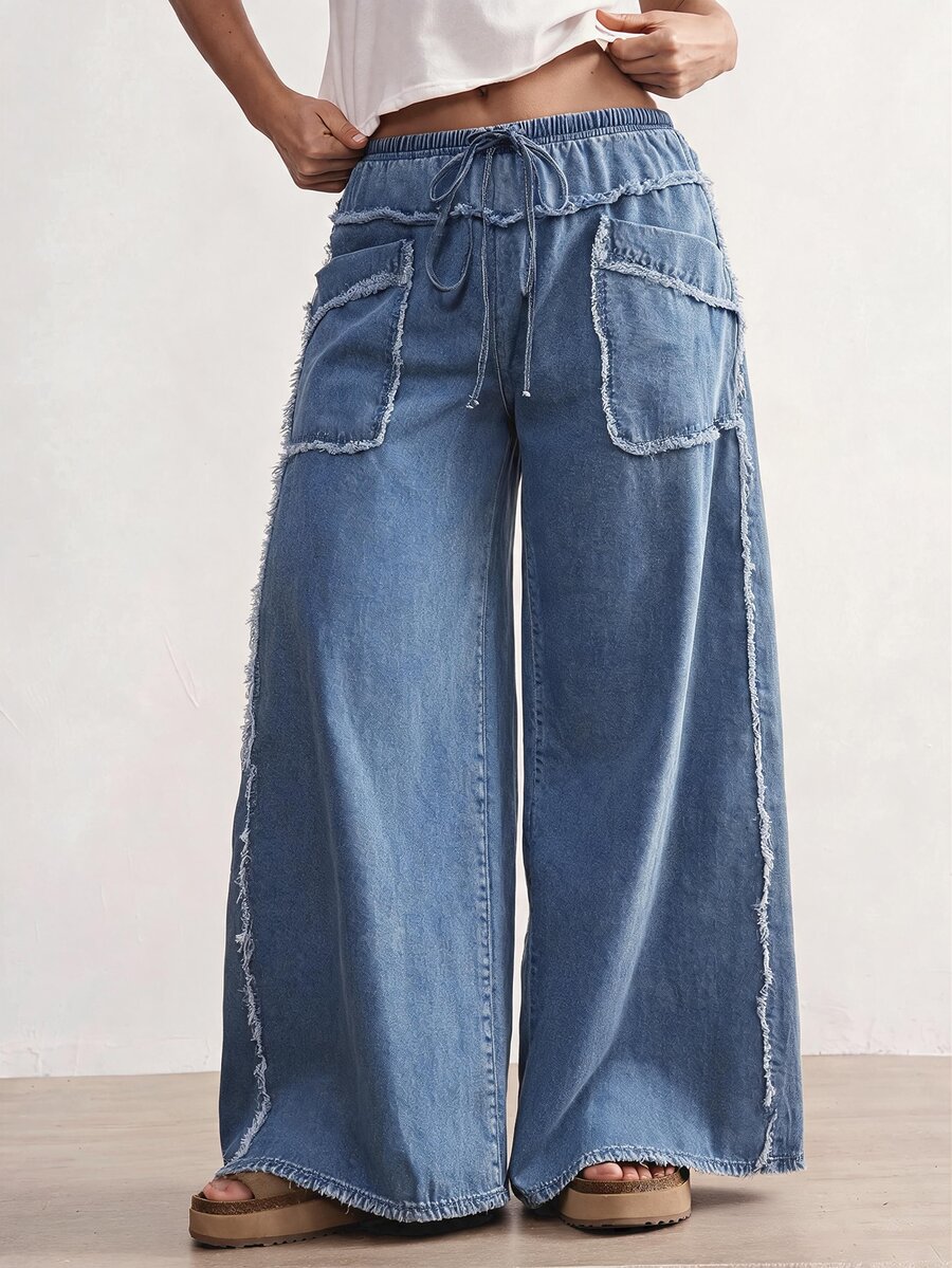 Bohemela Plus Size Women's Drawstring Waist Pocket Casual Traditional Normal Daily Wear Denim Jeans Brunch Formal Vacation Dates Light Blue Summer