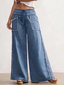 Bohemela Plus Size Women's Drawstring Waist Pocket Casual Traditional Normal Daily Wear Denim Jeans Brunch Formal Vacation Dates Light Blue Summer - Light Wash - View 8