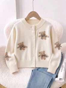 SHEIN Vintaside Kids 女嬰甜美可愛杏色小熊提花紋理圓領標準肩長袖開襟針織衫，寬鬆版型百搭優雅，柔軟舒適，適合日常穿著、外出、旅行場景與假日穿搭，秋冬款 - 白色 - 查看 1