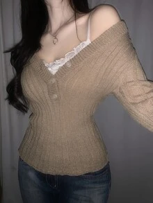 DAZY Solid Color Fitted Ribbed V-Neck Long Sleeve Casual Vacation Korean Style Autumn/Winter Pullover Knit Sweater For Women - Khaki - View 1
