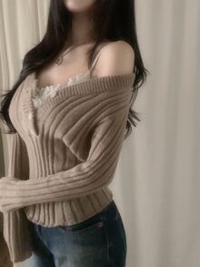 DAZY Solid Color Fitted Ribbed V-Neck Long Sleeve Casual Vacation Korean Style Autumn/Winter Pullover Knit Sweater For Women - Khaki - View 6