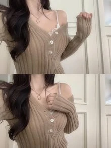 DAZY Solid Color Fitted Ribbed V-Neck Long Sleeve Casual Vacation Korean Style Autumn/Winter Pullover Knit Sweater For Women - Khaki - View 5