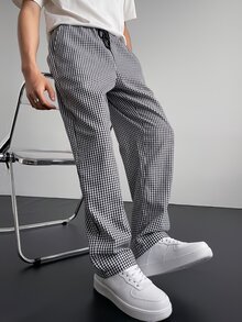 Manfinity Hypemode Celana Kasual Pria Motif Kotak-kotak dengan Tali Serut di Pinggang, Celana Panjang Lurus untuk Liburan, Celana Blok Warna, Hadiah untuk Suami, Pacar, Musim Gugur - Hitam dan Putih - View 6