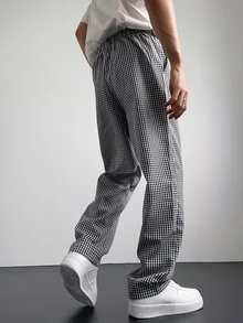 Manfinity Hypemode Celana Kasual Pria Motif Kotak-kotak dengan Tali Serut di Pinggang, Celana Panjang Lurus untuk Liburan, Celana Blok Warna, Hadiah untuk Suami, Pacar, Musim Gugur - Hitam dan Putih - View 7