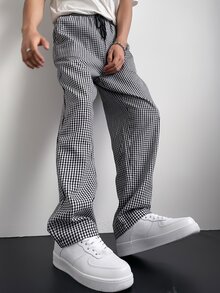 Manfinity Hypemode Celana Kasual Pria Motif Kotak-kotak dengan Tali Serut di Pinggang, Celana Panjang Lurus untuk Liburan, Celana Blok Warna, Hadiah untuk Suami, Pacar, Musim Gugur - Hitam dan Putih - View 4