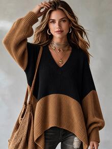 LUMIGAL Women's Vintage Colorblock Long Sleeve Fashion Knit Top - Black - View 2