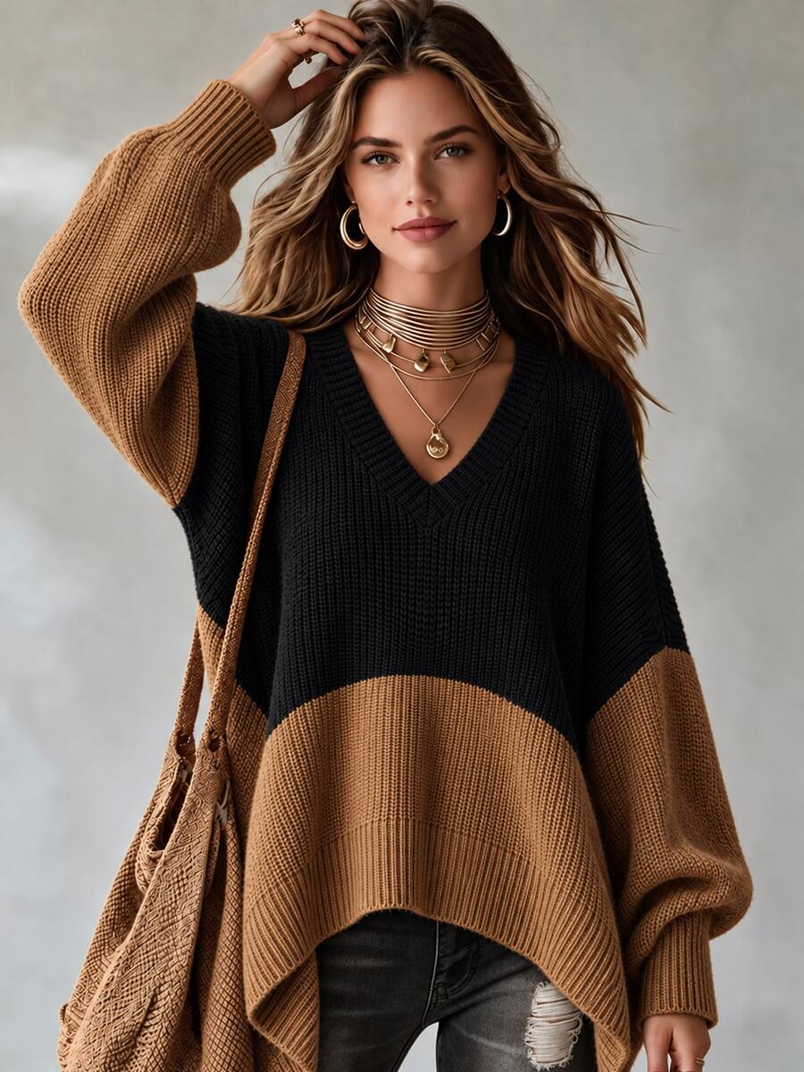 LUMIGAL Women's Vintage Colorblock Long Sleeve Fashion Knit Top