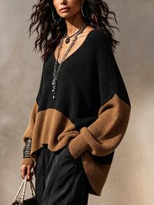 LUMIGAL Women's Vintage Colorblock Long Sleeve Fashion Knit Top - Black - View 6