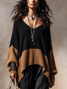 LUMIGAL Women's Vintage Colorblock Long Sleeve Fashion Knit Top - Black - View 4