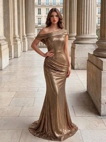 Poshira Women's Elegant Asymmetrical Shoulder Pleated Mermaid Formal Evening Gown Dress (Heavy Workmanship Style) Christmas Prom Fall - Khaki - View 2