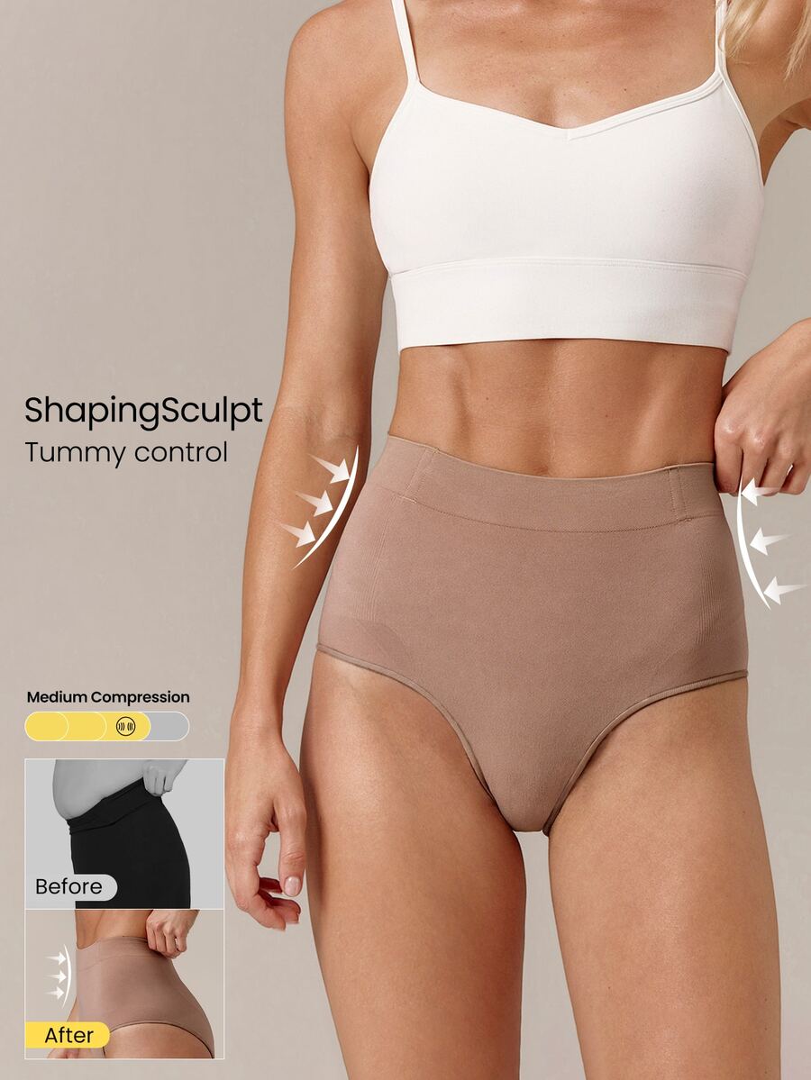 GLOWMODE ShapingSculpt High-Rise Seamless Briefs With Anti-Roll Down Design & Tummy Control Compression Daily Active Casual Wear - Apricot - View 1