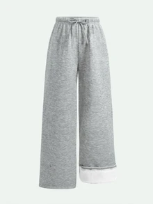 SHEIN Celana Jogging Kasual Longgar dengan Tali Serut Pinggang, Warna Abu-abu Muda, Lapisan Termal, untuk Remaja Perempuan Musim Gugur/Dingin - Light Grey - View 3