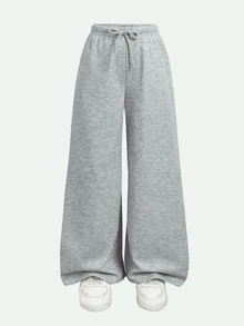 SHEIN Celana Jogging Kasual Longgar dengan Tali Serut Pinggang, Warna Abu-abu Muda, Lapisan Termal, untuk Remaja Perempuan Musim Gugur/Dingin - Light Grey - View 2