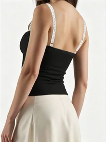 Cévolie Women's Contrast Lace Contrast Color Fitted Elegant Camisole - Black - View 3