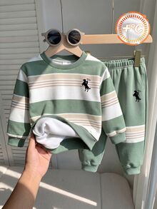 Young Boys Sweatshirt Set 2 Pieces, Top With Green, Beige, White Wide Horizontal Stripes, Black Horse Rider Graphic On Chest, Ribbed Collar And Cuffs, Matching Sweatpants With Same Stripes And Horse Rider Graphic, Ribbed Cuffs - Multicolor - View 3
