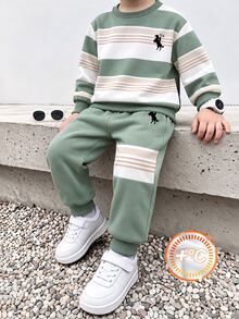 Young Boys Sweatshirt Set 2 Pieces, Top With Green, Beige, White Wide Horizontal Stripes, Black Horse Rider Graphic On Chest, Ribbed Collar And Cuffs, Matching Sweatpants With Same Stripes And Horse Rider Graphic, Ribbed Cuffs - Multicolor - View 1