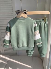 Young Boys Sweatshirt Set 2 Pieces, Top With Green, Beige, White Wide Horizontal Stripes, Black Horse Rider Graphic On Chest, Ribbed Collar And Cuffs, Matching Sweatpants With Same Stripes And Horse Rider Graphic, Ribbed Cuffs - Multicolor - View 2