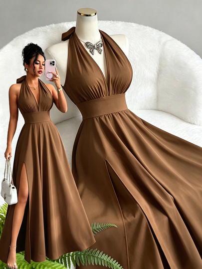 Elenzga New French Style Elegant Casual Sexy Fashion High-End Design V-Neck Halter Waist-Cinching Backless A-Line Slit Sleeveless Maxi Dress Solid Red Sophisticated Women's Dress