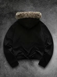 GETOML American Style Black Fluffy Collar Sweatshirt, Niche Design Slim Fit Short Sweatshirt Hoodie, For Fall Winter - Black - View 7
