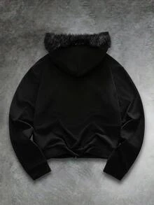 GETOML American Style Black Fluffy Collar Sweatshirt, Niche Design Slim Fit Short Sweatshirt Hoodie, For Fall Winter - Black - View 2