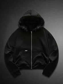 GETOML American Style Black Fluffy Collar Sweatshirt, Niche Design Slim Fit Short Sweatshirt Hoodie, For Fall Winter - Black - View 9