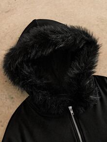 GETOML American Style Black Fluffy Collar Sweatshirt, Niche Design Slim Fit Short Sweatshirt Hoodie, For Fall Winter - Black - View 3