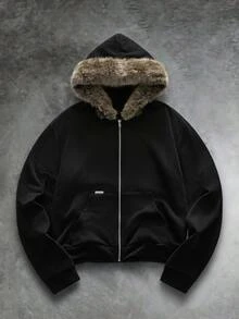 GETOML American Style Black Fluffy Collar Sweatshirt, Niche Design Slim Fit Short Sweatshirt Hoodie, For Fall Winter - Black - View 8