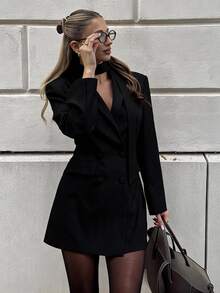 Silquee Women's Solid Color Lapel NeckLong Sleeve Double-Breasted Jacket - Black - View 1