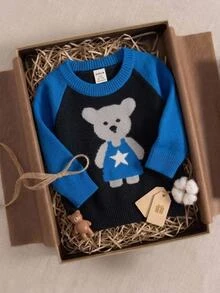 SHEIN Playful Pals 男嬰針織套頭圓領長袖毛衣，適合秋冬，多色條紋，時尚帥氣，適合日常穿著、居家、外出、旅行、上學 - 藍色 - 查看 10