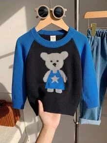 SHEIN Playful Pals 男嬰針織套頭圓領長袖毛衣，適合秋冬，多色條紋，時尚帥氣，適合日常穿著、居家、外出、旅行、上學 - 藍色 - 查看 9